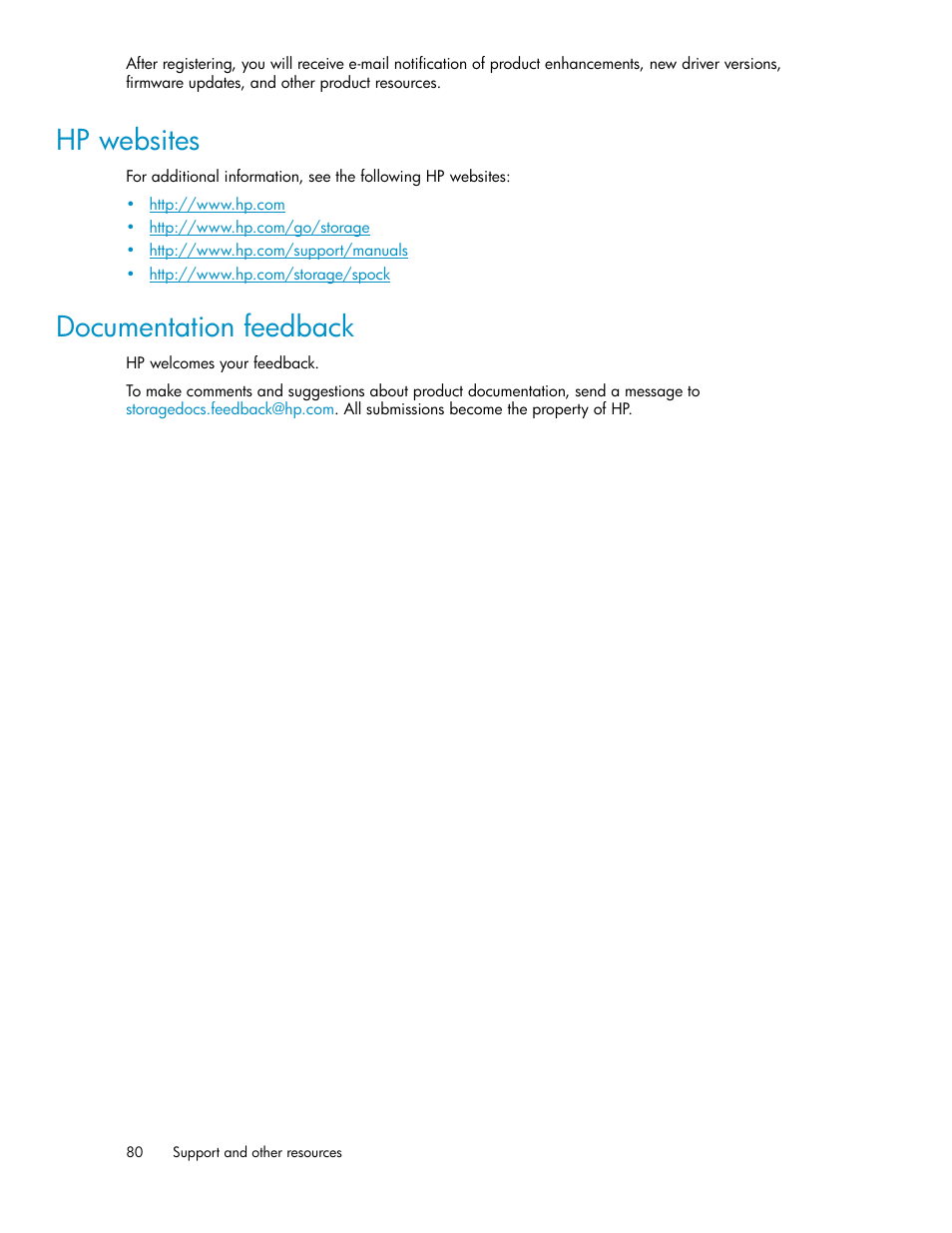 Hp websites, Documentation feedback, 80 documentation feedback | HP StorageWorks XP Remote Web Console Software User Manual | Page 80 / 84