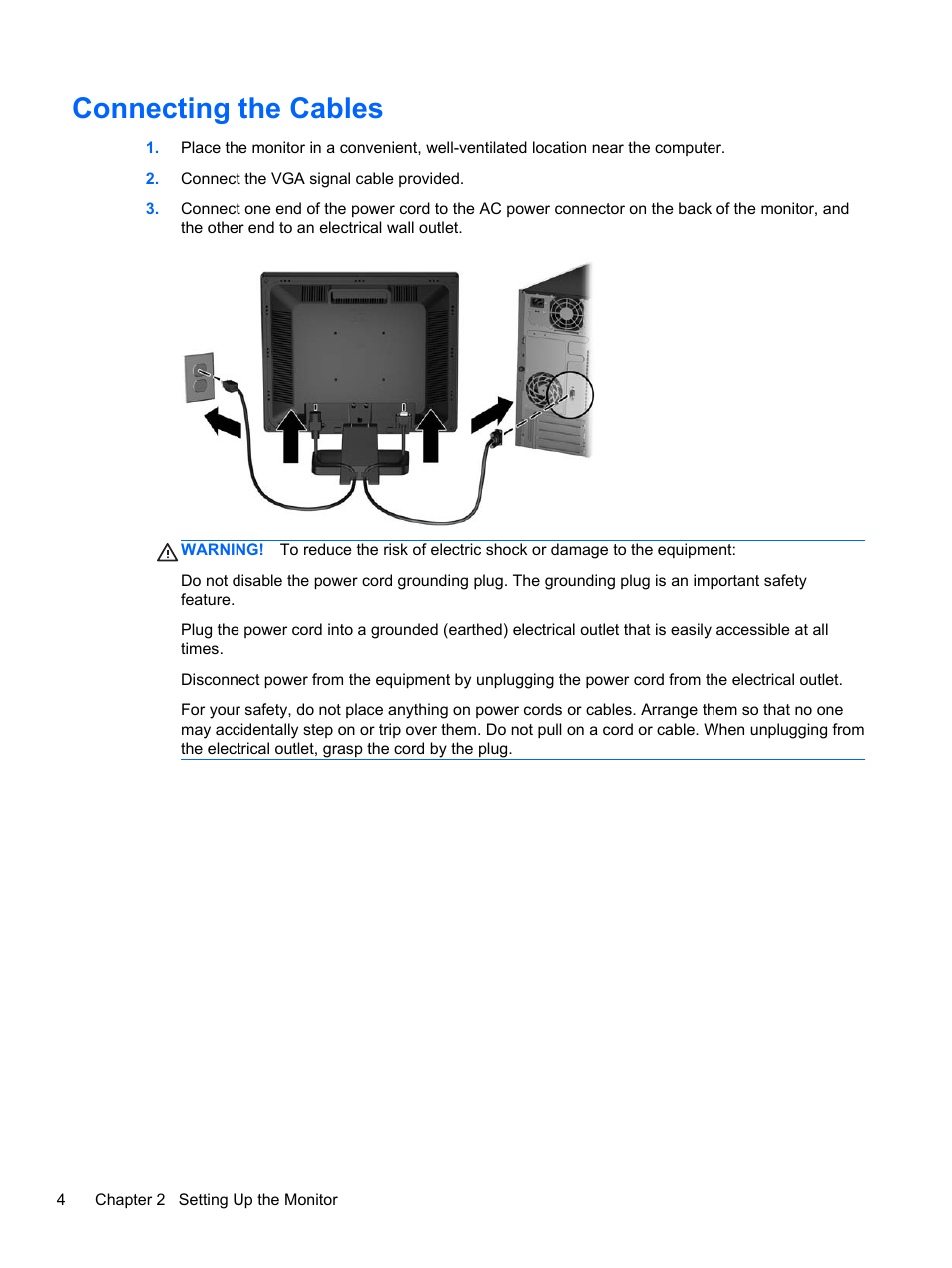 Connecting the cables | HP ProDisplay P17A 17-inch 54 LED Backlit Monitor User Manual | Page 10 / 20