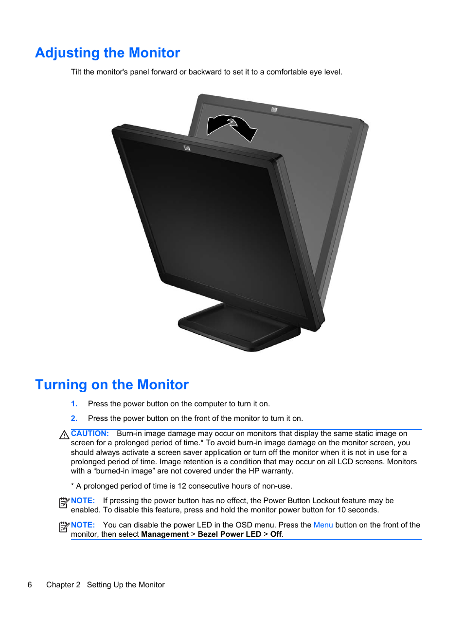 Adjusting the monitor, Turning on the monitor, Adjusting the monitor turning on the monitor | HP ProDisplay P17A 17-inch 54 LED Backlit Monitor User Manual | Page 12 / 20