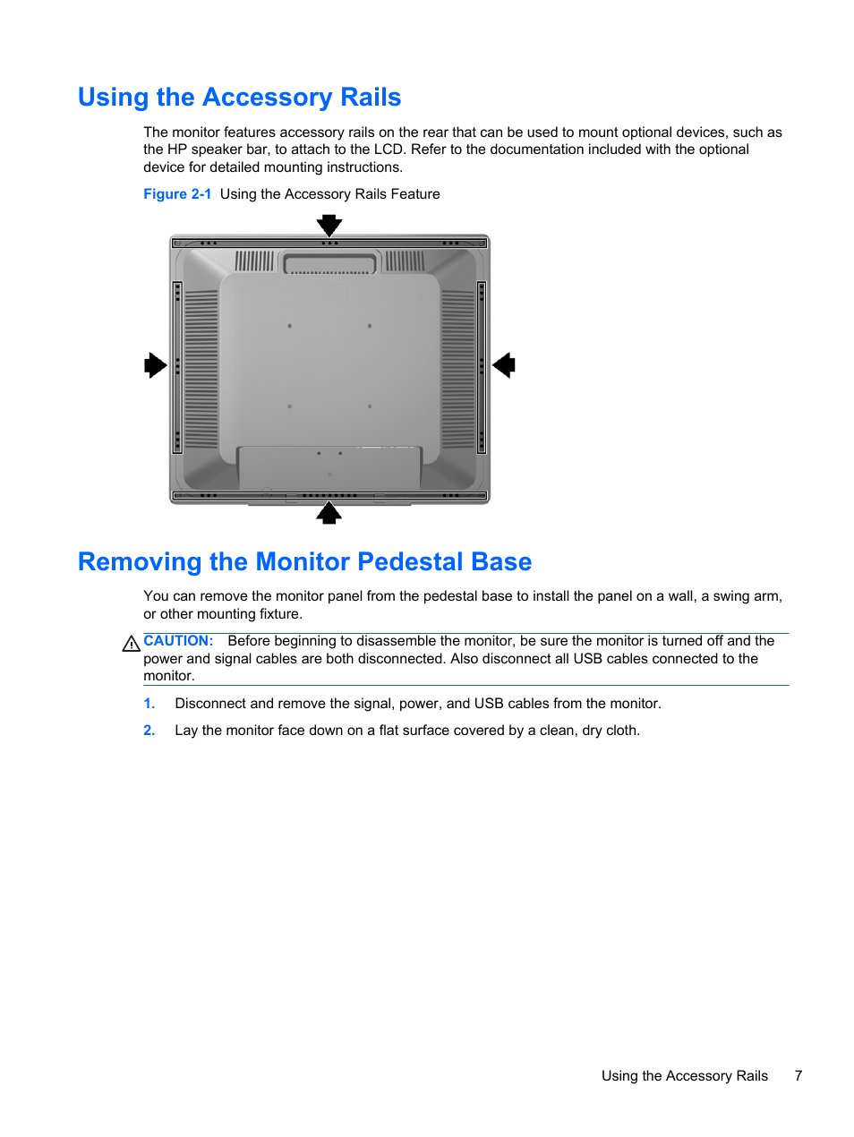 Using the accessory rails, Removing the monitor pedestal base | HP ProDisplay P17A 17-inch 54 LED Backlit Monitor User Manual | Page 13 / 20