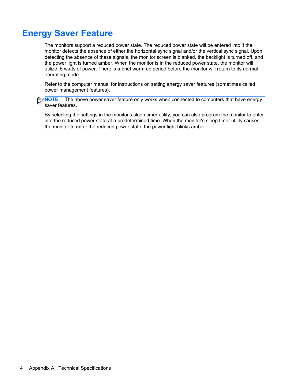 Energy saver feature | HP ProDisplay P17A 17-inch 54 LED Backlit Monitor User Manual | Page 20 / 20