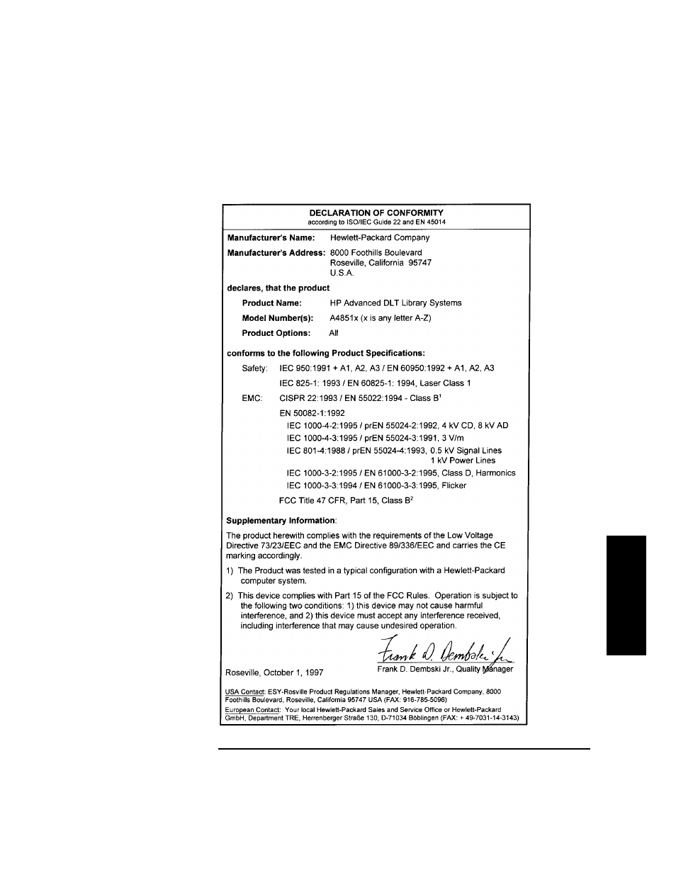 Ec declaration of conformity | HP Surestore 2.15 Tape Library User Manual | Page 107 / 114
