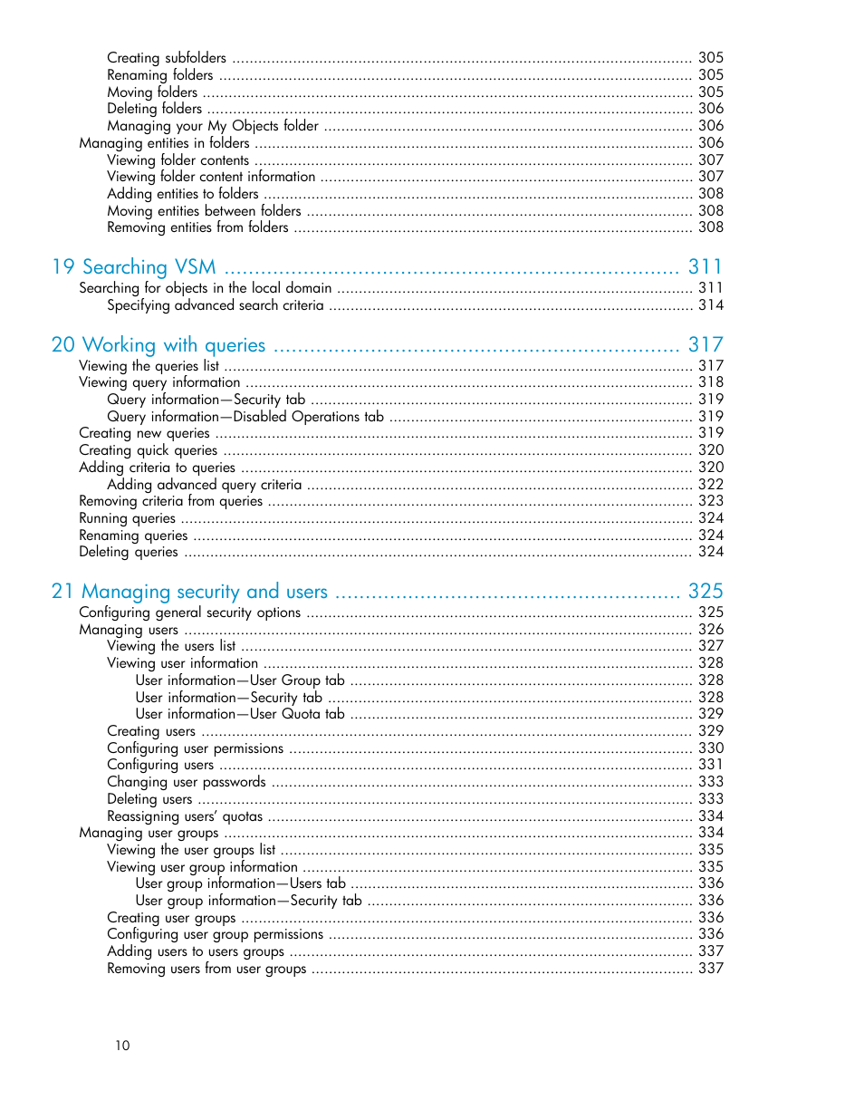 19 searching vsm, 20 working with queries, 21 managing security and users | HP SAN Virtualization Services Platform User Manual | Page 10 / 382