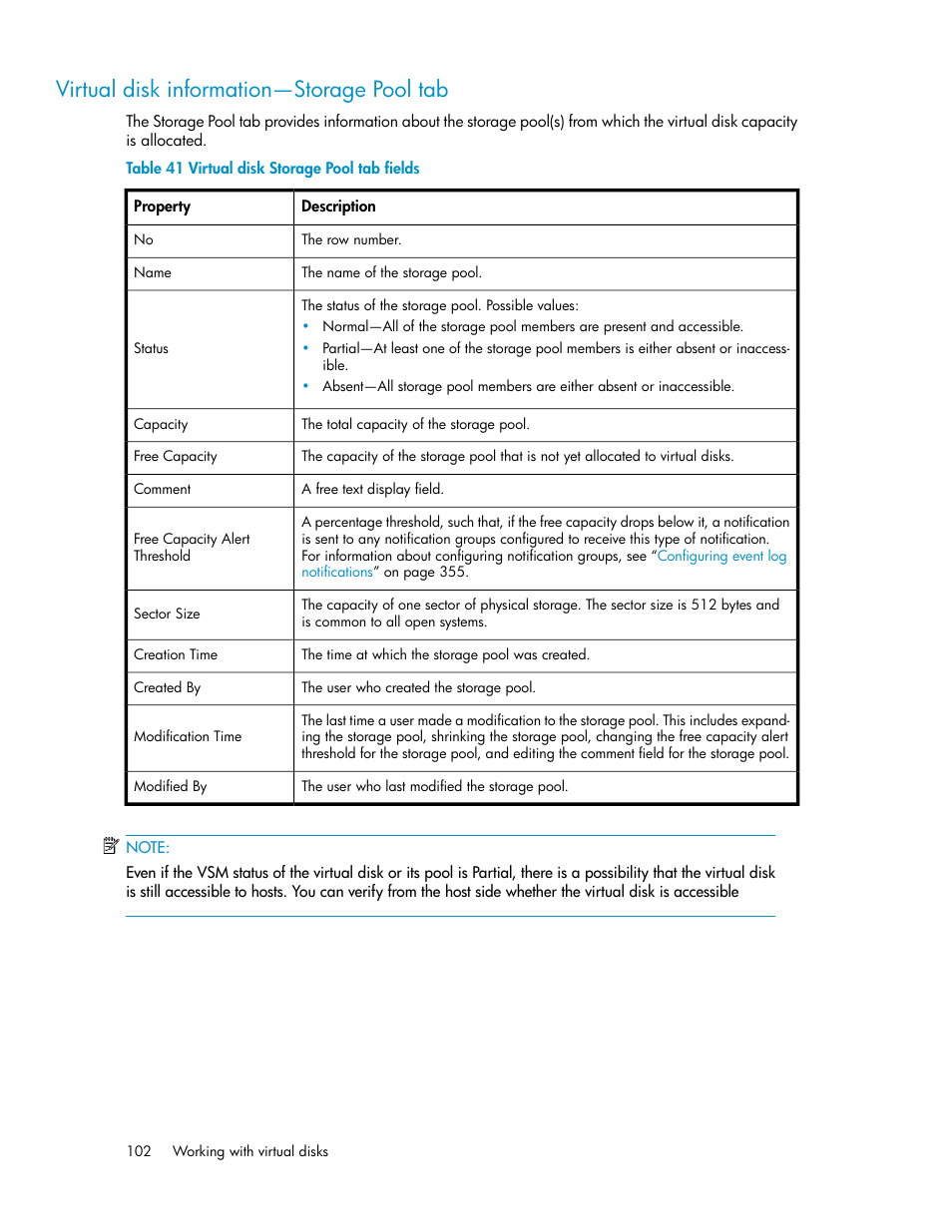 Virtual disk information—storage pool tab, Virtual disk storage pool tab fields | HP SAN Virtualization Services Platform User Manual | Page 102 / 382