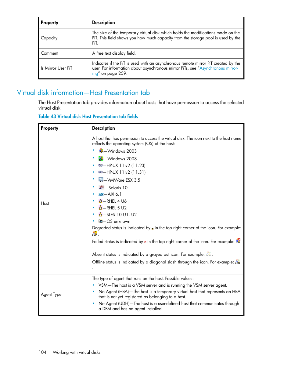Virtual disk information—host presentation tab, Virtual disk host presentation tab fields | HP SAN Virtualization Services Platform User Manual | Page 104 / 382