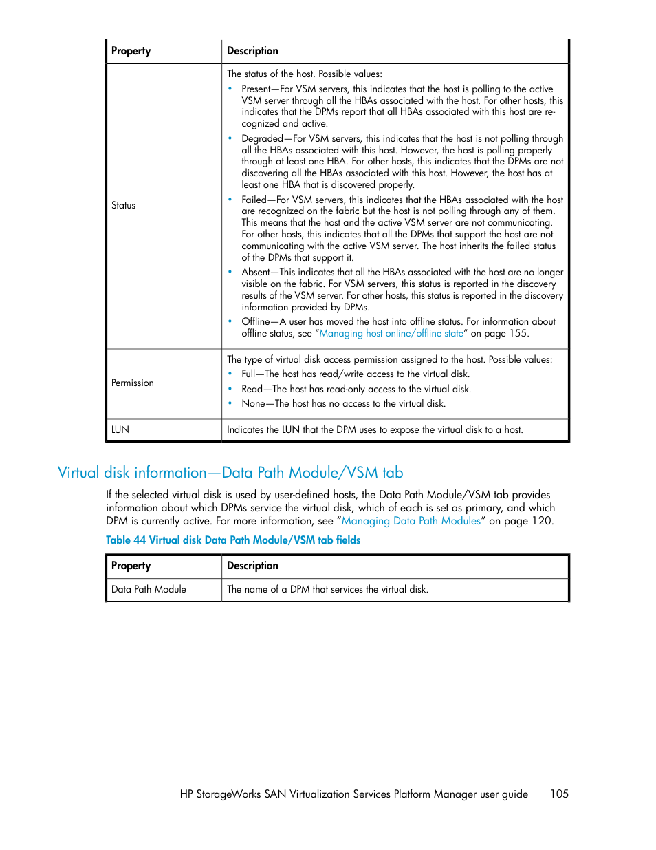 Virtual disk information—data path module/vsm tab, Virtual disk data path module/vsm tab fields | HP SAN Virtualization Services Platform User Manual | Page 105 / 382