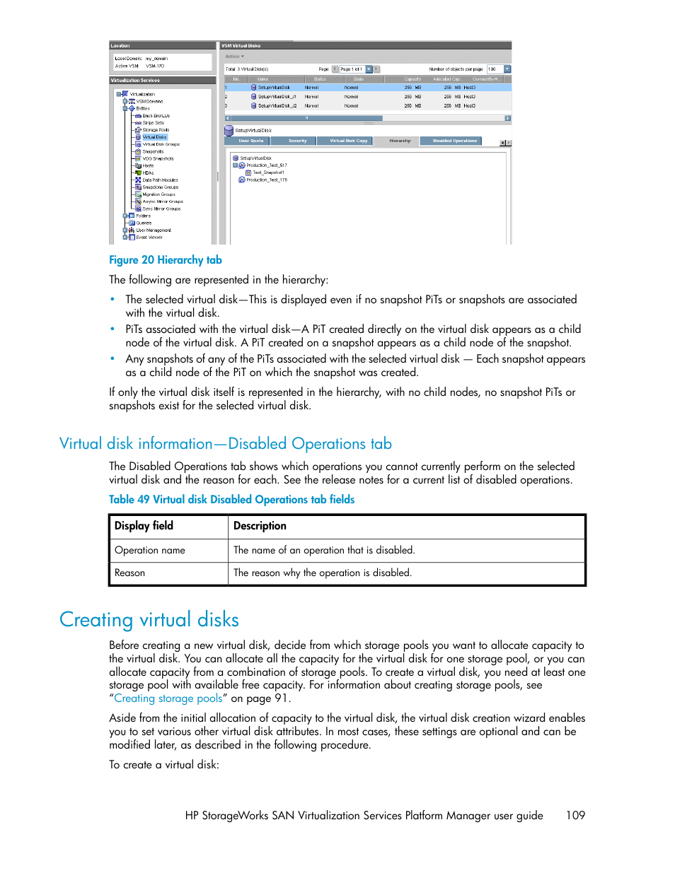 Virtual disk information—disabled operations tab, Creating virtual disks, Hierarchy tab | Virtual disk disabled operations tab fields | HP SAN Virtualization Services Platform User Manual | Page 109 / 382