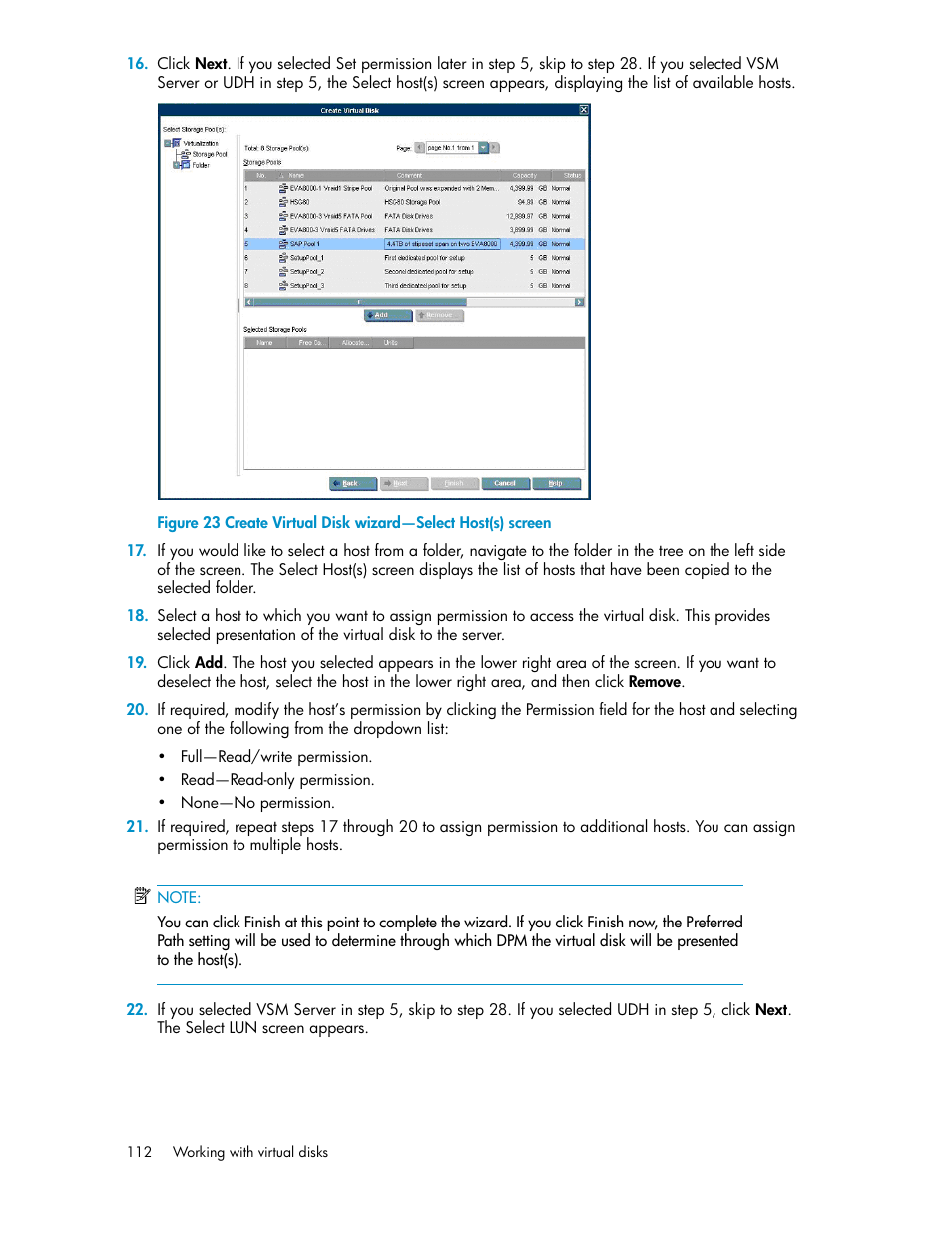 Create virtual disk wizard—select host(s) screen | HP SAN Virtualization Services Platform User Manual | Page 112 / 382