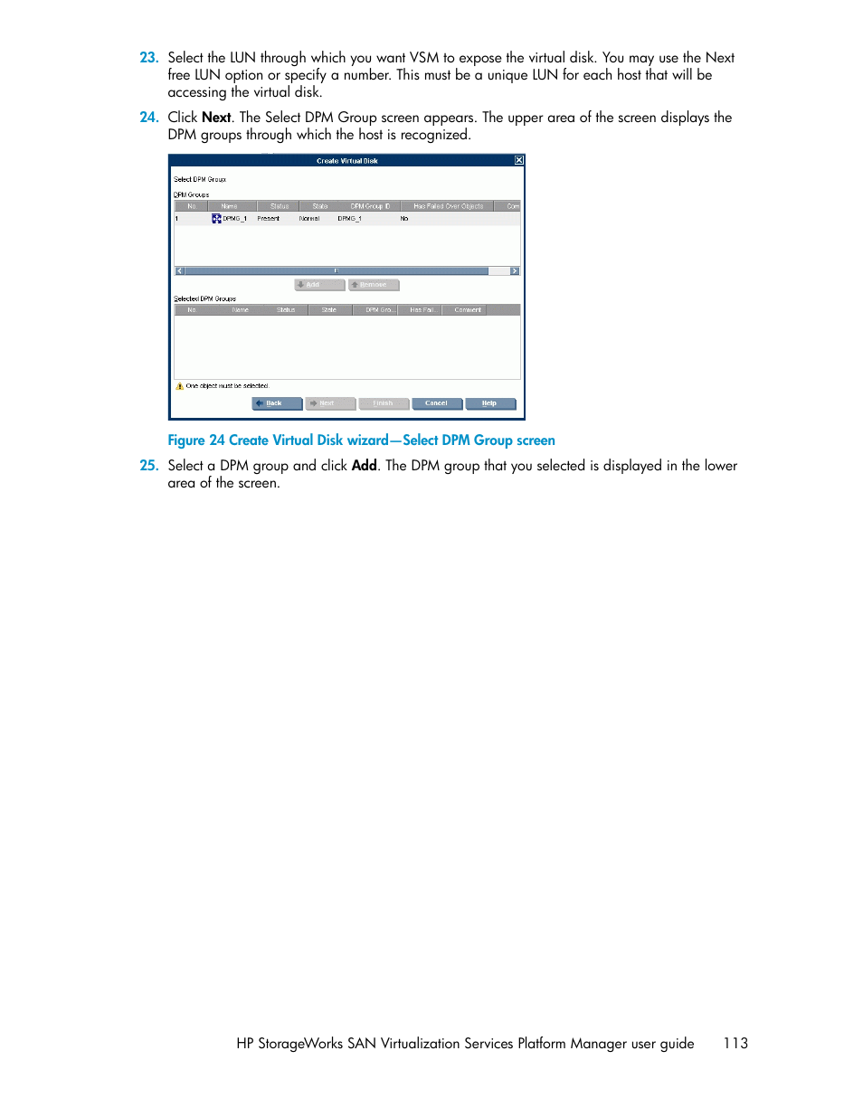 Create virtual disk wizard—select dpm group screen | HP SAN Virtualization Services Platform User Manual | Page 113 / 382