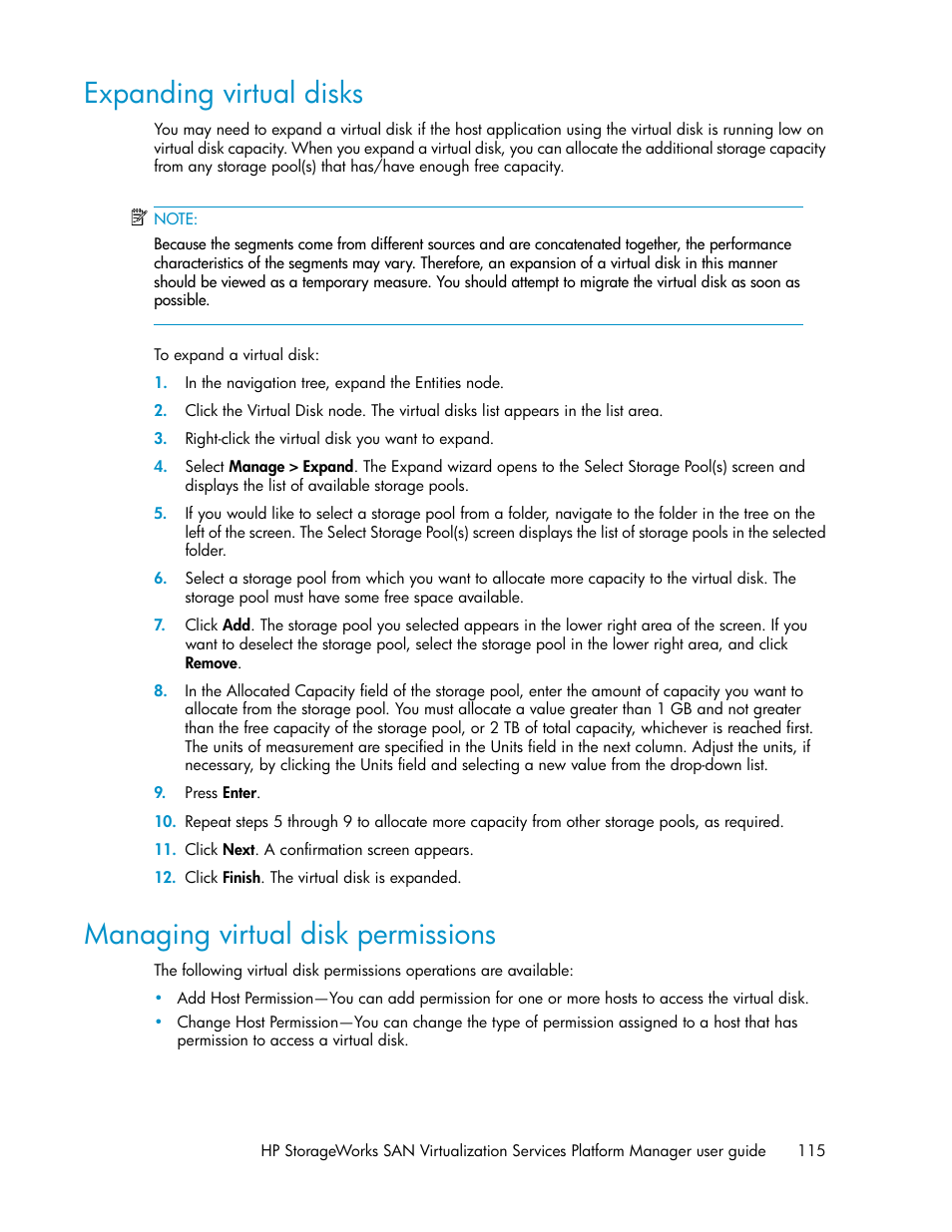 Expanding virtual disks, Managing virtual disk permissions, 115 managing virtual disk permissions | HP SAN Virtualization Services Platform User Manual | Page 115 / 382