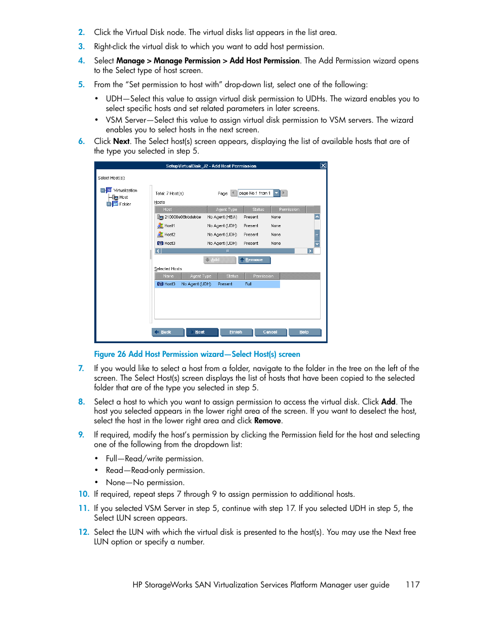 Add host permission wizard—select host(s) screen | HP SAN Virtualization Services Platform User Manual | Page 117 / 382