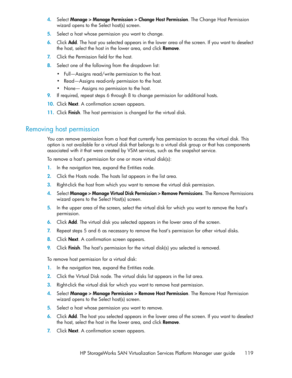 Removing host permission | HP SAN Virtualization Services Platform User Manual | Page 119 / 382