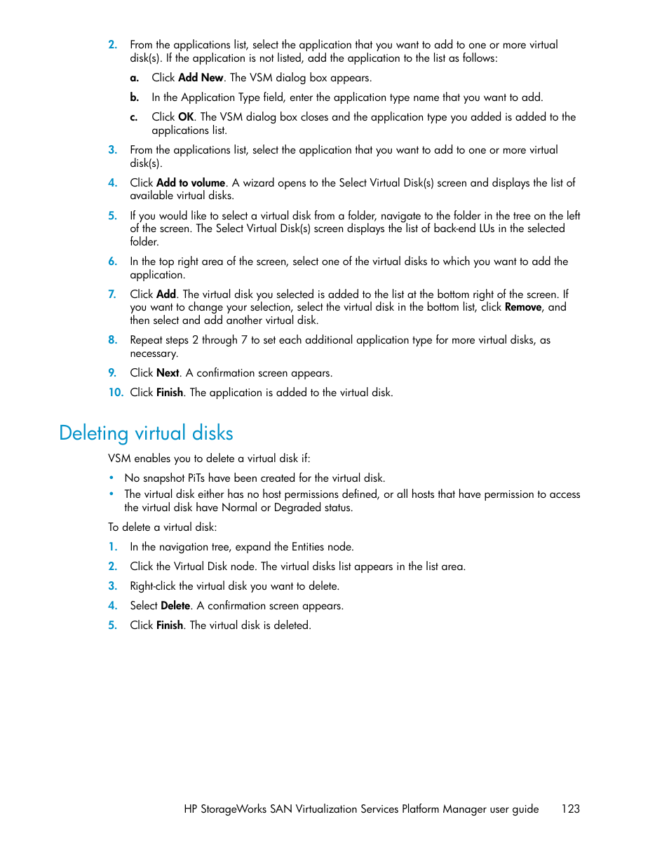 Deleting virtual disks | HP SAN Virtualization Services Platform User Manual | Page 123 / 382