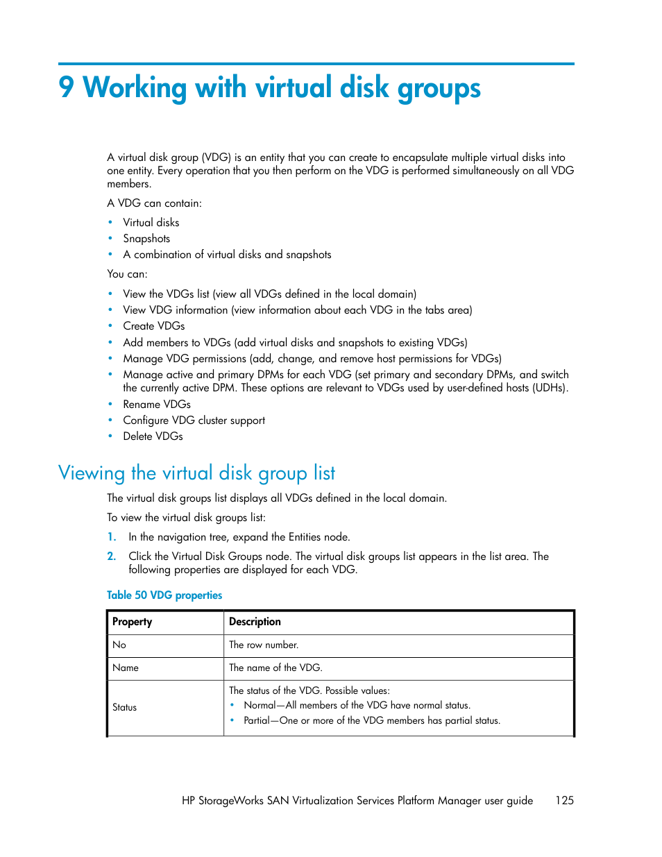 9 working with virtual disk groups, Viewing the virtual disk group list, Vdg properties | HP SAN Virtualization Services Platform User Manual | Page 125 / 382