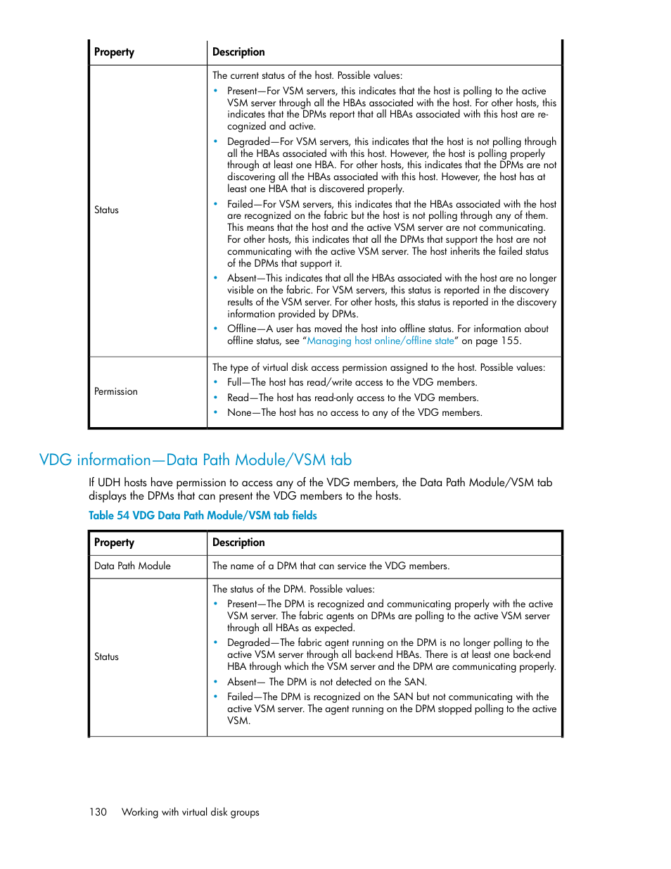 Vdg information—data path module/vsm tab, Vdg data path module/vsm tab fields | HP SAN Virtualization Services Platform User Manual | Page 130 / 382