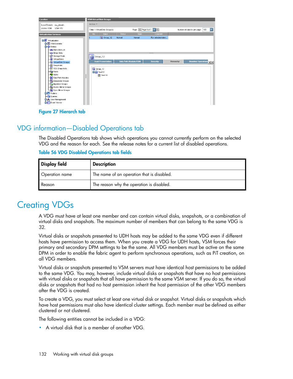 Vdg information—disabled operations tab, Creating vdgs, Hierarch tab | Vdg disabled operations tab fields | HP SAN Virtualization Services Platform User Manual | Page 132 / 382