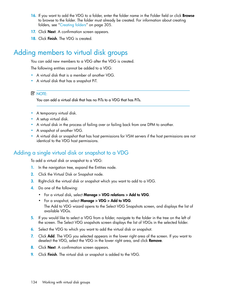 Adding members to virtual disk groups, Adding a single virtual disk or snapshot to a vdg | HP SAN Virtualization Services Platform User Manual | Page 134 / 382