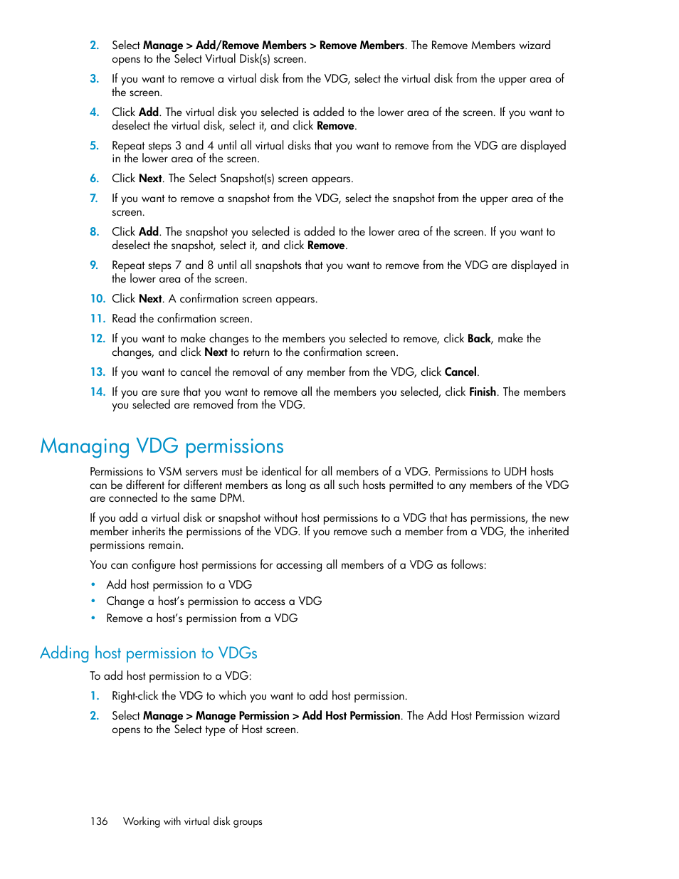 Managing vdg permissions, Adding host permission to vdgs | HP SAN Virtualization Services Platform User Manual | Page 136 / 382