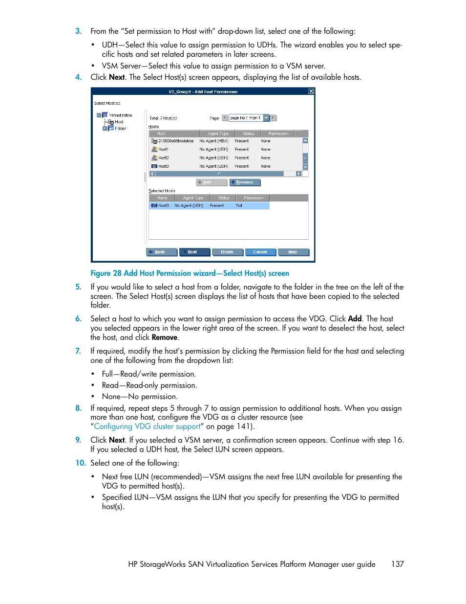 Add host permission wizard—select host(s) screen | HP SAN Virtualization Services Platform User Manual | Page 137 / 382