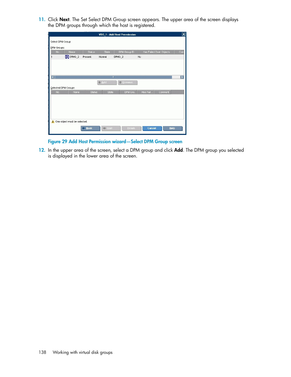 Add host permission wizard—select dpm group screen | HP SAN Virtualization Services Platform User Manual | Page 138 / 382