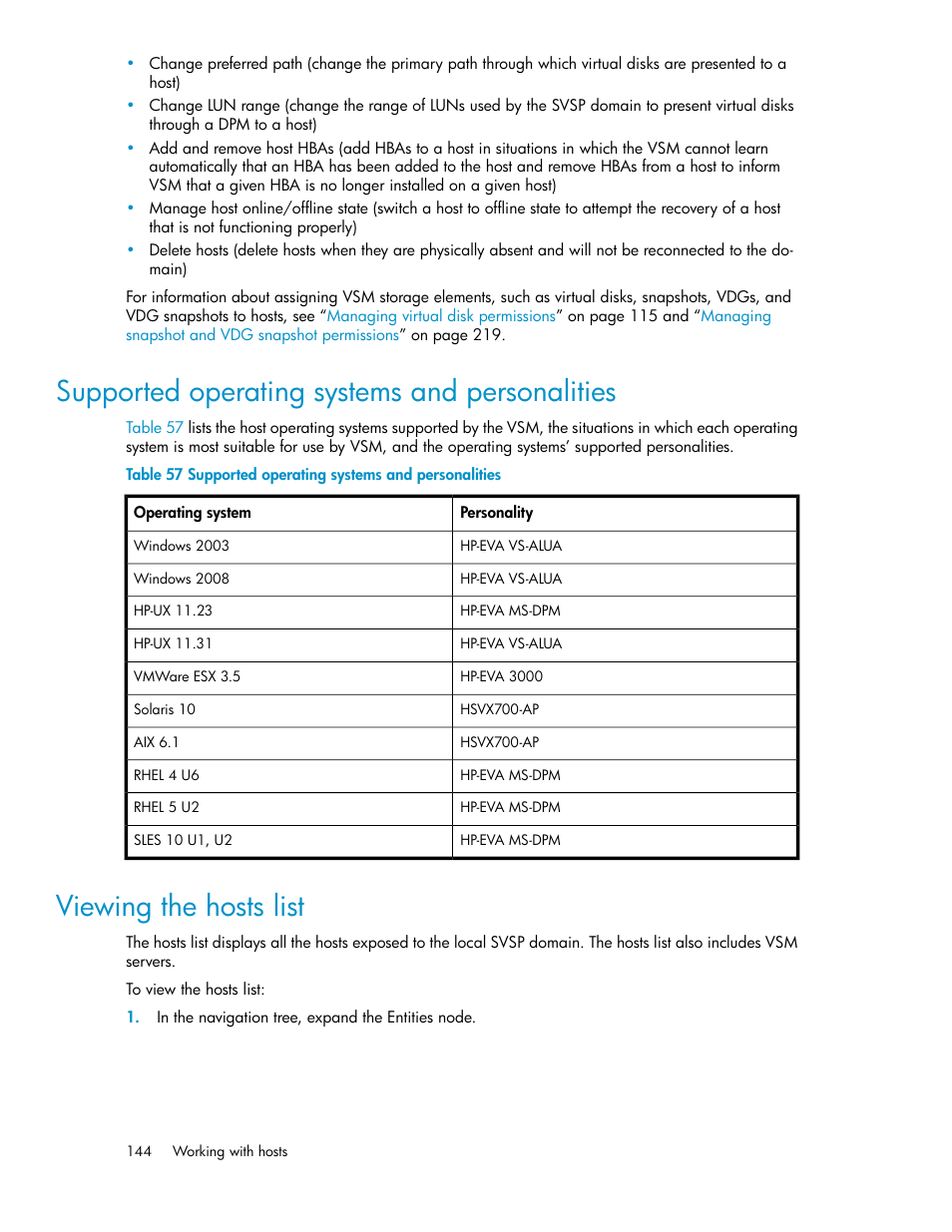 Supported operating systems and personalities, Viewing the hosts list, 144 viewing the hosts list | HP SAN Virtualization Services Platform User Manual | Page 144 / 382