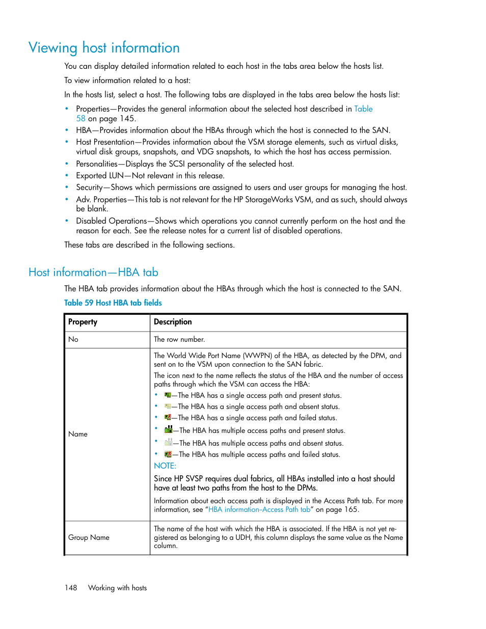 Viewing host information, Host information—hba tab, Host hba tab fields | HP SAN Virtualization Services Platform User Manual | Page 148 / 382