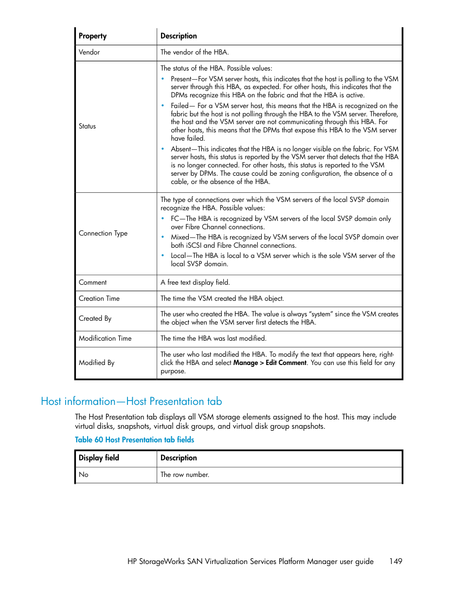 Host information—host presentation tab, Host presentation tab fields | HP SAN Virtualization Services Platform User Manual | Page 149 / 382