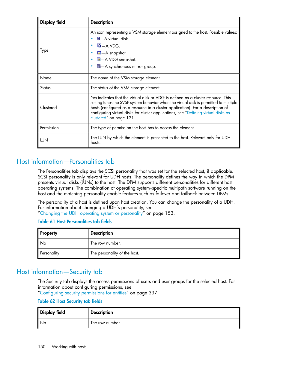 Host information—personalities tab, Host information—security tab, 150 host information—security tab | Host personalities tab fields, Host security tab fields | HP SAN Virtualization Services Platform User Manual | Page 150 / 382