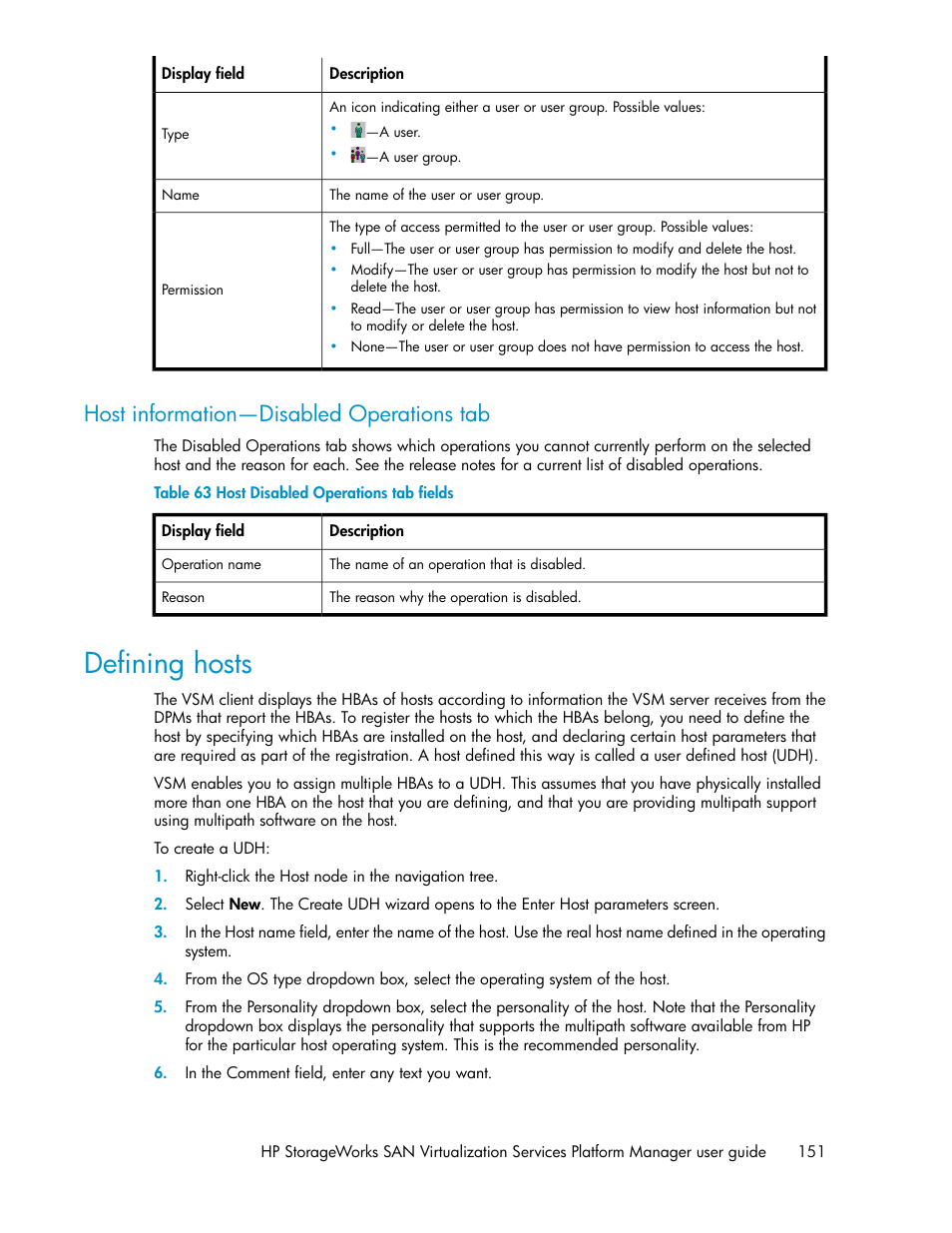 Host information—disabled operations tab, Defining hosts, Host disabled operations tab fields | HP SAN Virtualization Services Platform User Manual | Page 151 / 382