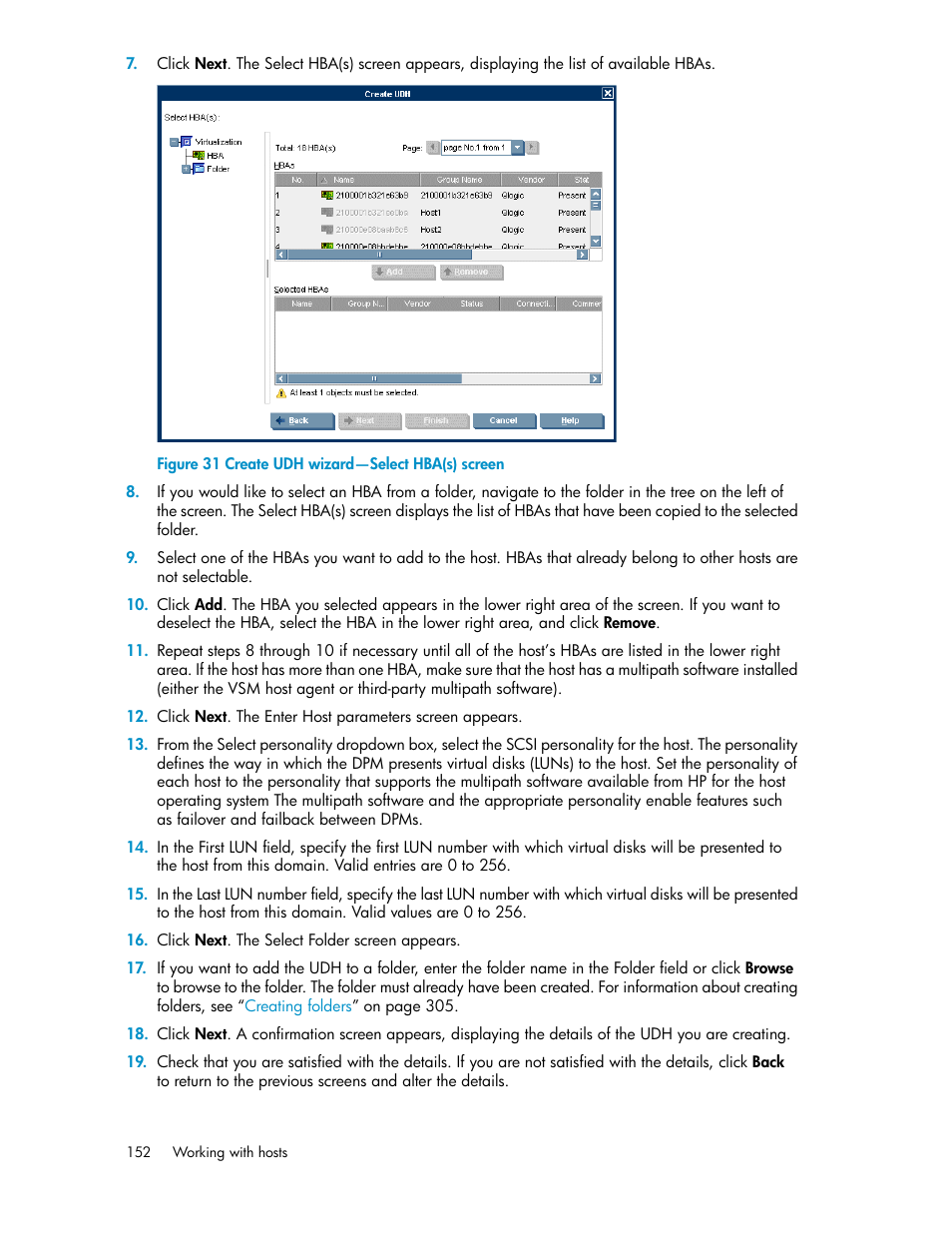 Create udh wizard—select hba(s) screen | HP SAN Virtualization Services Platform User Manual | Page 152 / 382