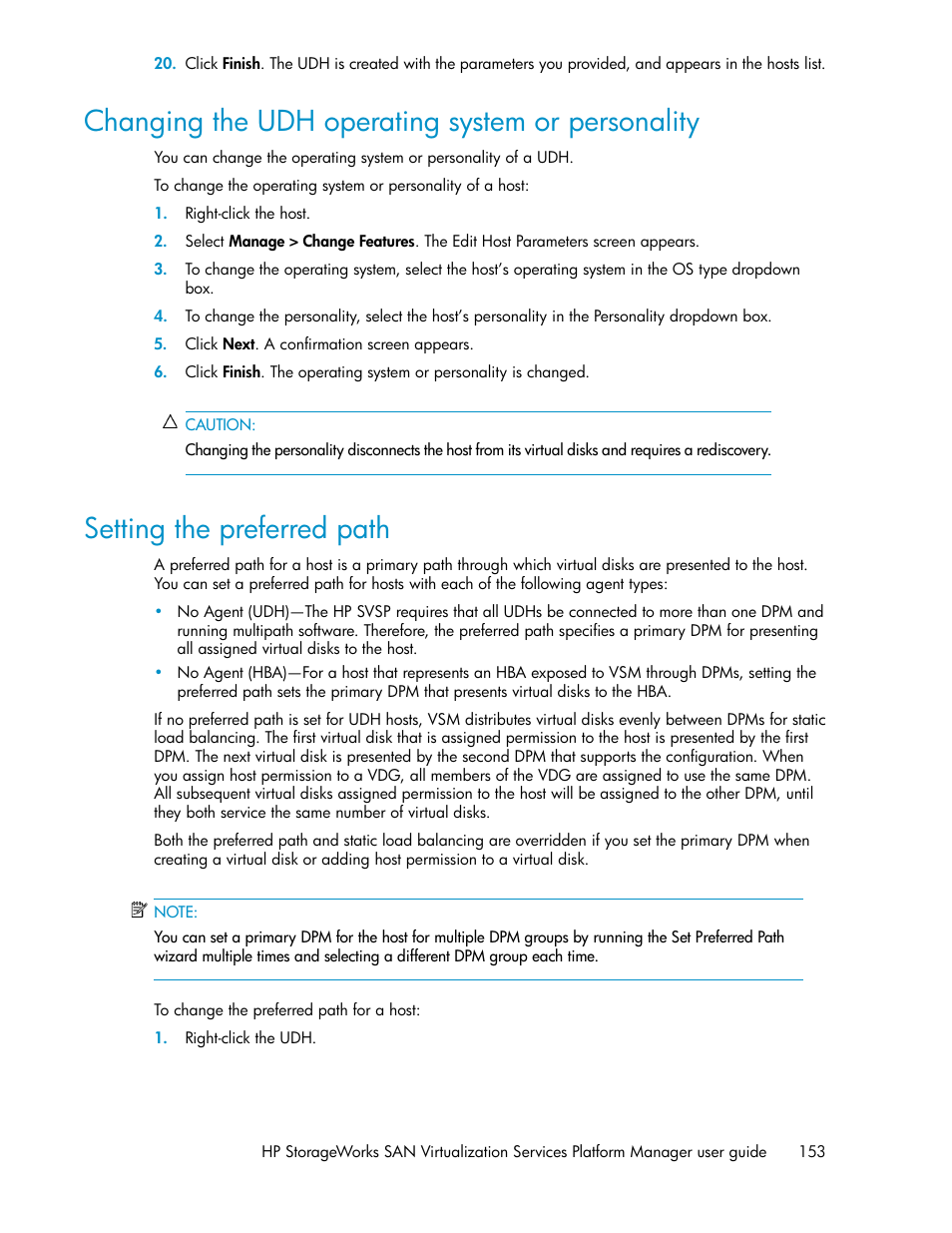 Changing the udh operating system or personality, Setting the preferred path, 153 setting the preferred path | HP SAN Virtualization Services Platform User Manual | Page 153 / 382