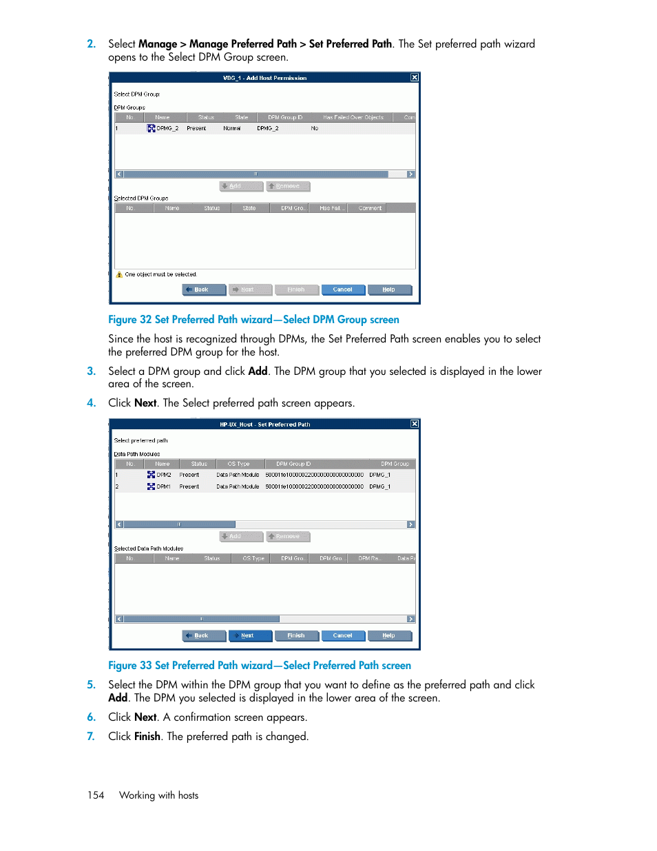 Set preferred path wizard—select dpm group screen | HP SAN Virtualization Services Platform User Manual | Page 154 / 382