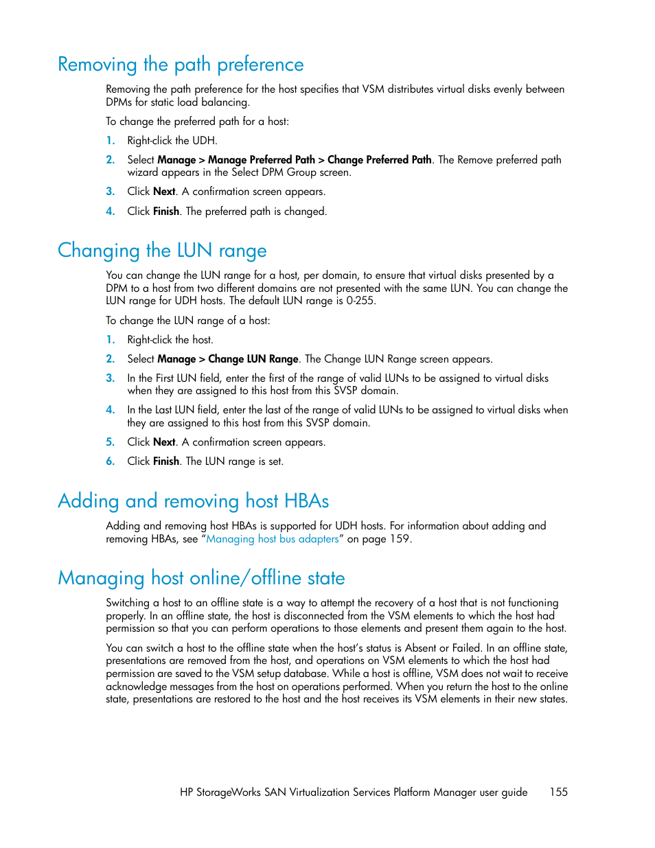 Removing the path preference, Changing the lun range, Adding and removing host hbas | Managing host online/offline state, 155 changing the lun range, 155 adding and removing host hbas, 155 managing host online/offline state | HP SAN Virtualization Services Platform User Manual | Page 155 / 382