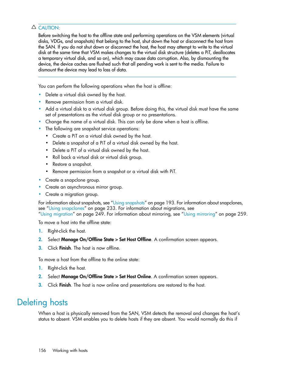 Deleting hosts | HP SAN Virtualization Services Platform User Manual | Page 156 / 382