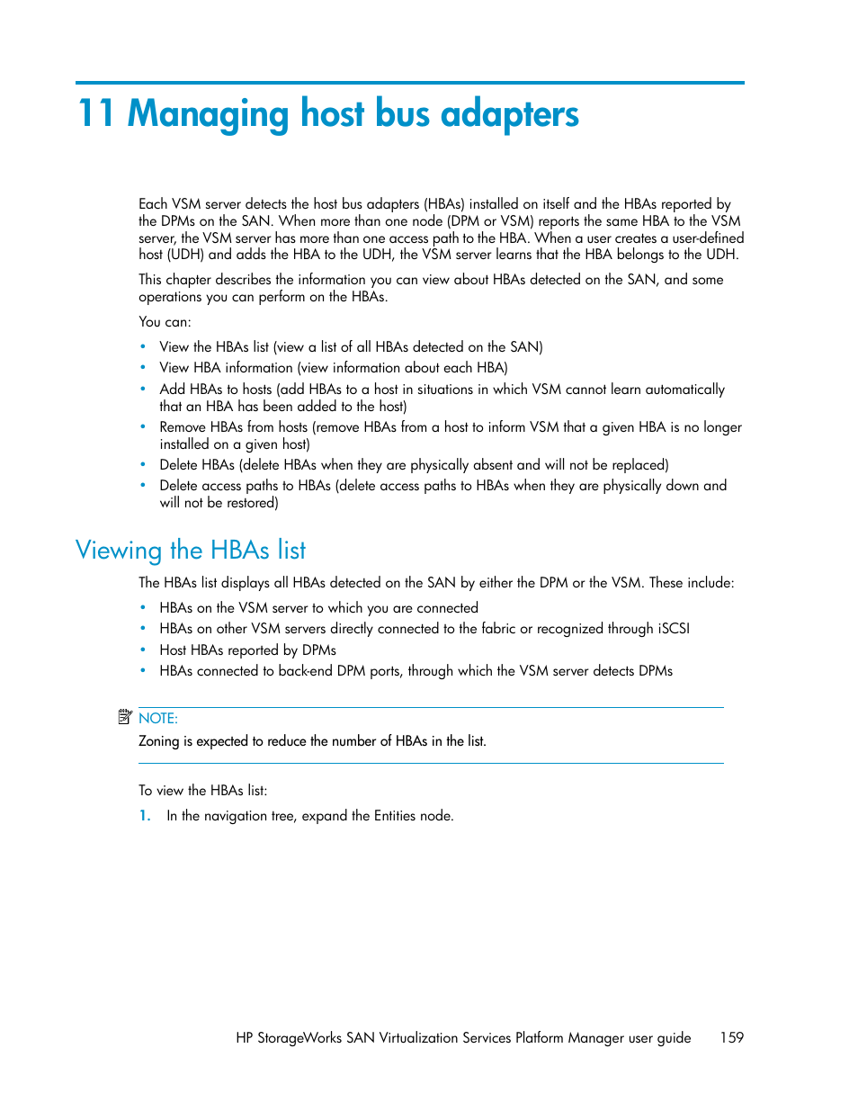 11 managing host bus adapters, Viewing the hbas list | HP SAN Virtualization Services Platform User Manual | Page 159 / 382