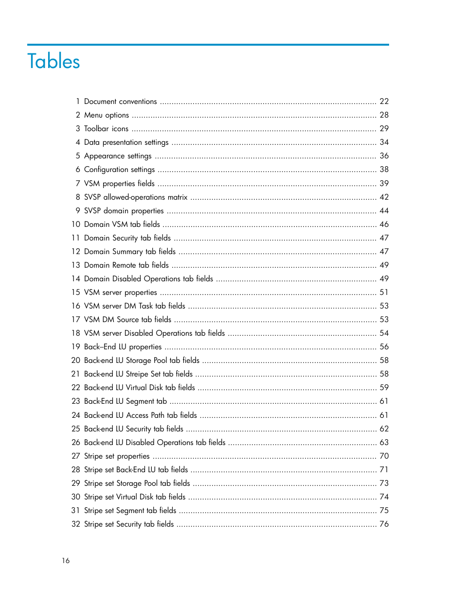 Tables | HP SAN Virtualization Services Platform User Manual | Page 16 / 382
