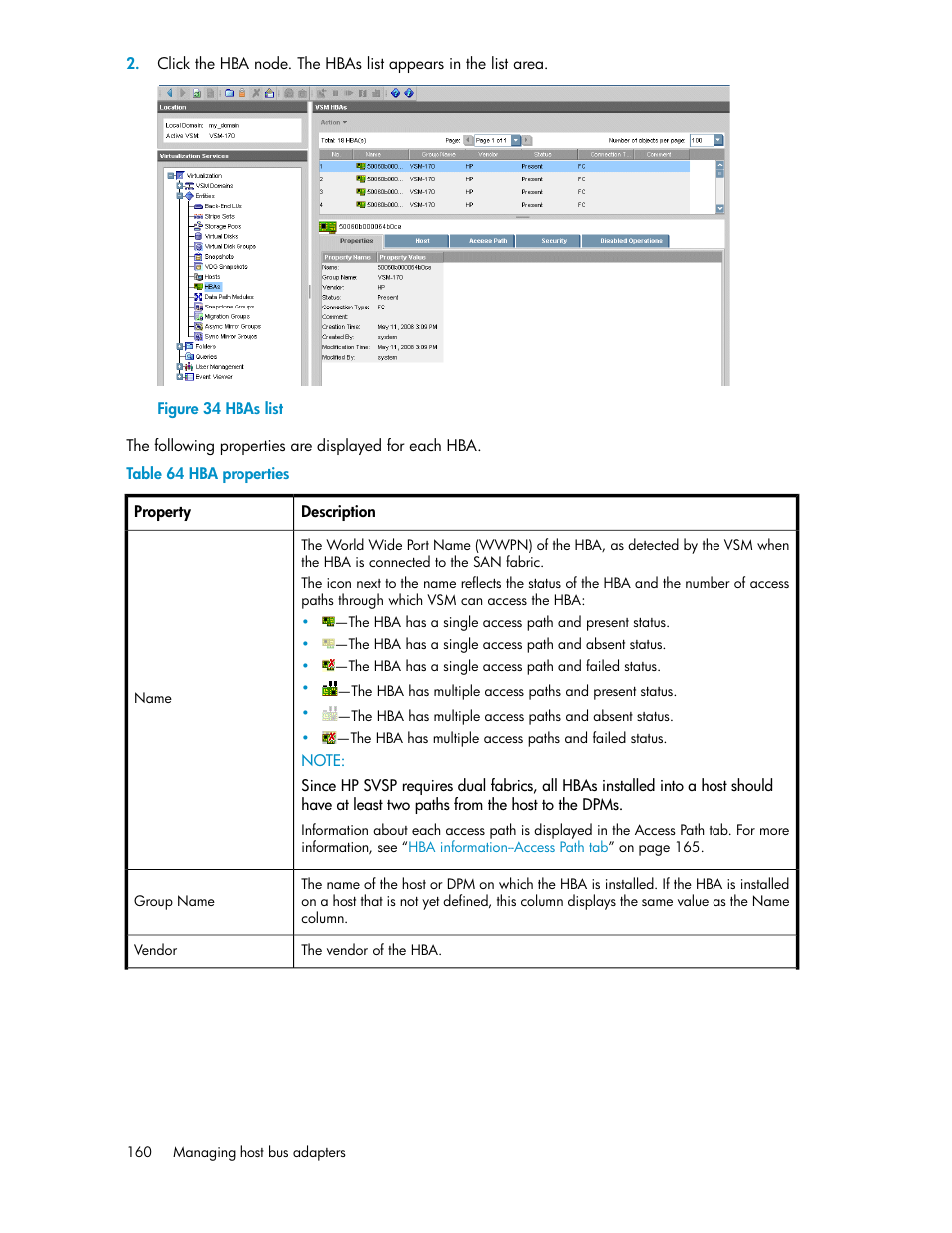 Hbas list, Hba properties | HP SAN Virtualization Services Platform User Manual | Page 160 / 382