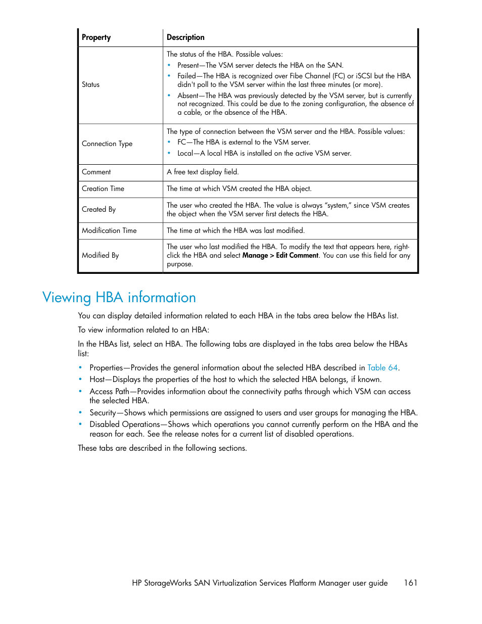 Viewing hba information | HP SAN Virtualization Services Platform User Manual | Page 161 / 382