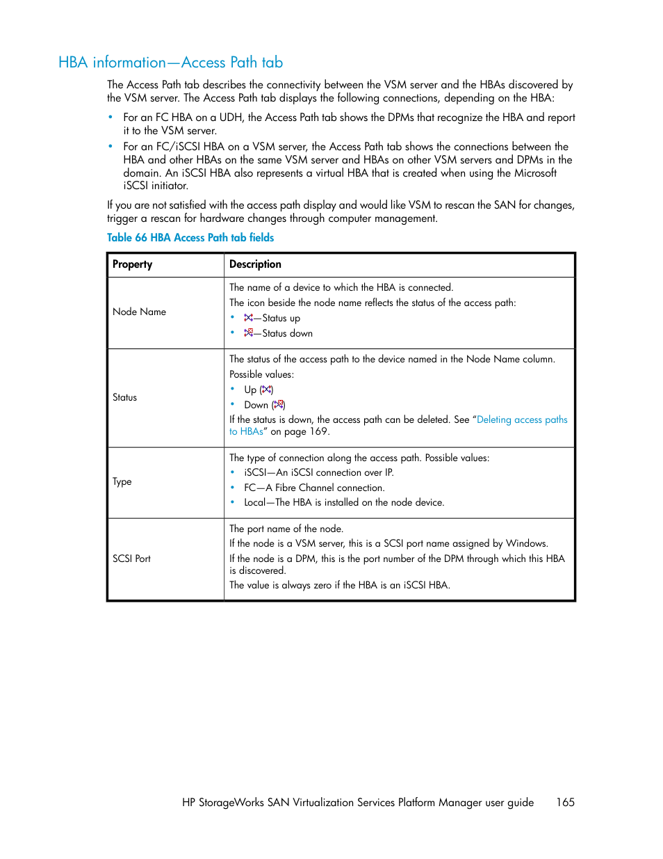 Hba information—access path tab, Hba access path tab fields, Hba information--access path tab | HP SAN Virtualization Services Platform User Manual | Page 165 / 382