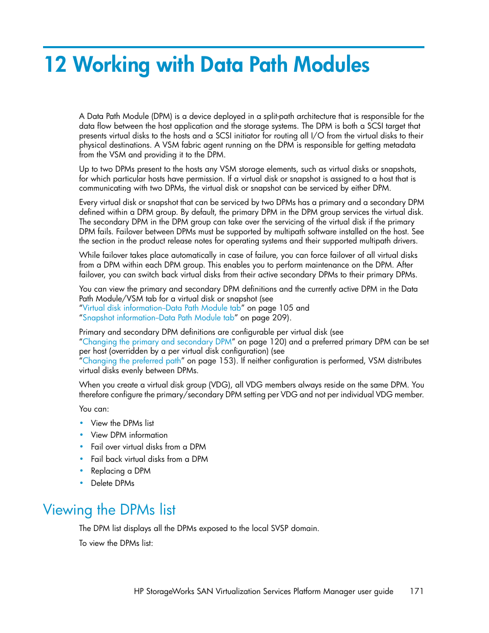 12 working with data path modules, Viewing the dpms list | HP SAN Virtualization Services Platform User Manual | Page 171 / 382