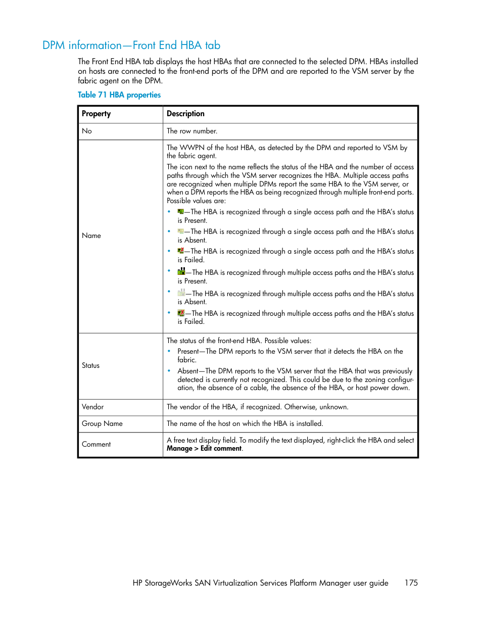 Dpm information—front end hba tab, Hba properties | HP SAN Virtualization Services Platform User Manual | Page 175 / 382