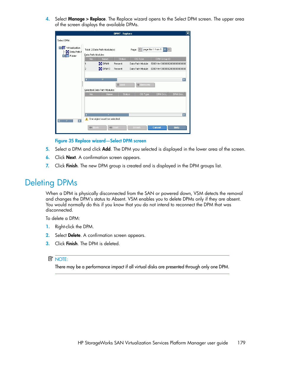 Deleting dpms, Replace wizard—select dpm screen | HP SAN Virtualization Services Platform User Manual | Page 179 / 382
