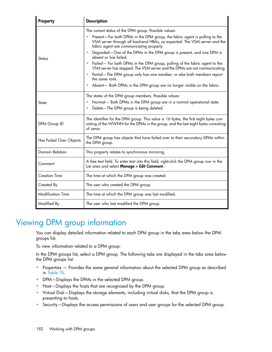 Viewing dpm group information | HP SAN Virtualization Services Platform User Manual | Page 182 / 382