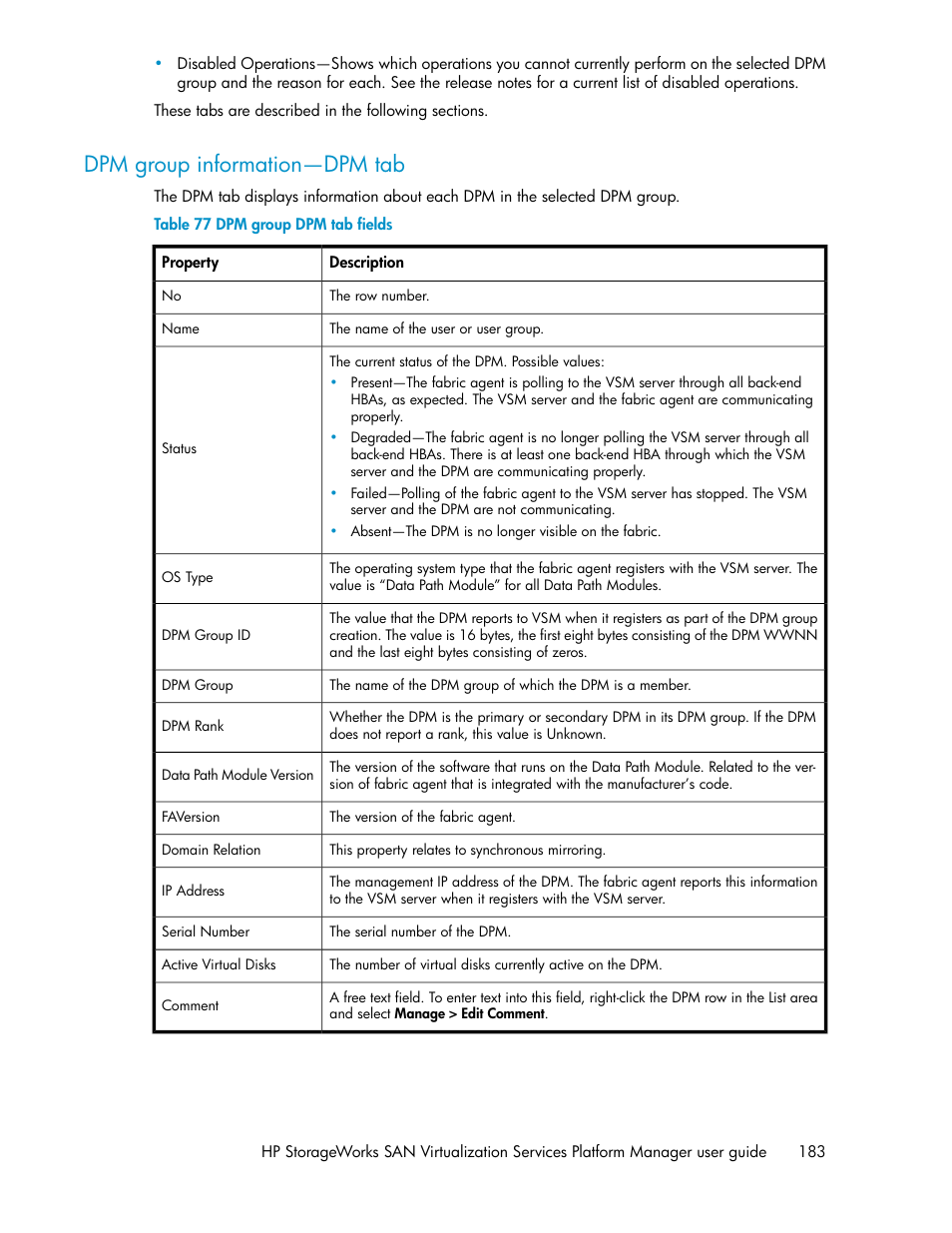 Dpm group information—dpm tab, Dpm group dpm tab fields | HP SAN Virtualization Services Platform User Manual | Page 183 / 382