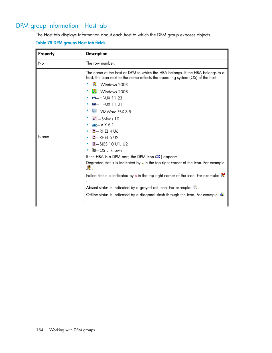 Dpm group information—host tab, Dpm groups host tab fields | HP SAN Virtualization Services Platform User Manual | Page 184 / 382