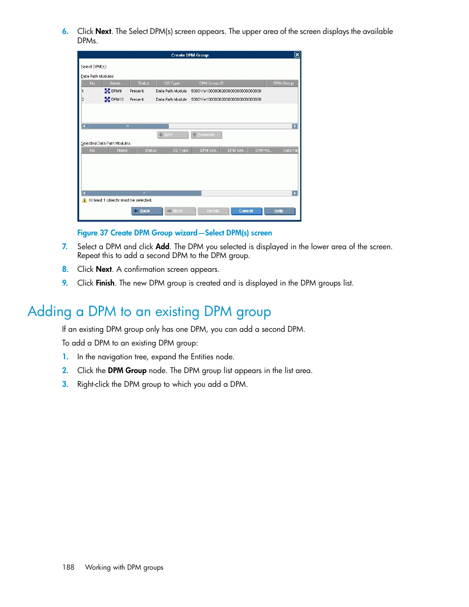 Adding a dpm to an existing dpm group, Create dpm group wizard—select dpm(s) screen | HP SAN Virtualization Services Platform User Manual | Page 188 / 382