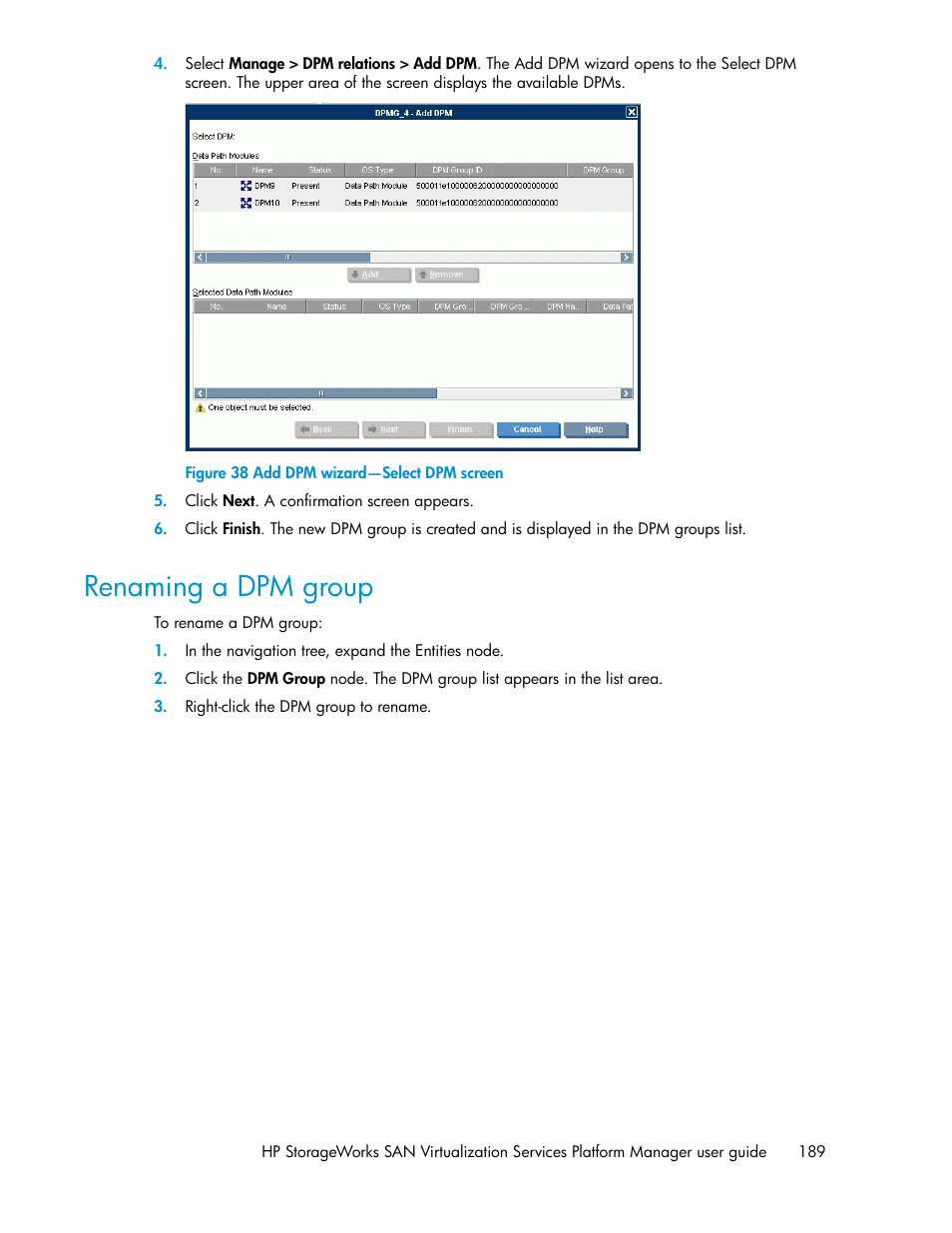 Renaming a dpm group, Add dpm wizard—select dpm screen | HP SAN Virtualization Services Platform User Manual | Page 189 / 382