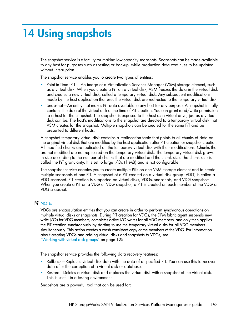 14 using snapshots, Using snapshots | HP SAN Virtualization Services Platform User Manual | Page 193 / 382