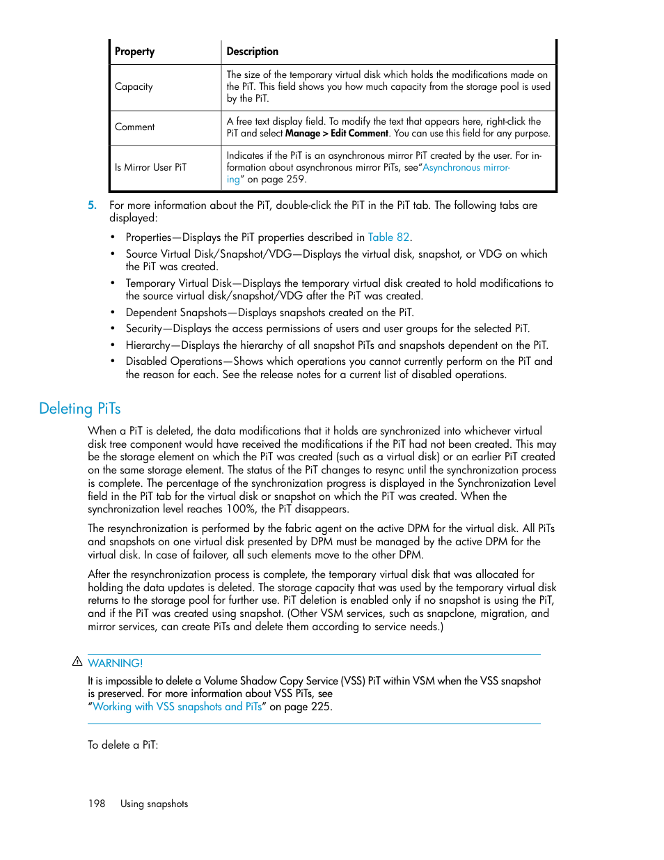 Deleting pits | HP SAN Virtualization Services Platform User Manual | Page 198 / 382