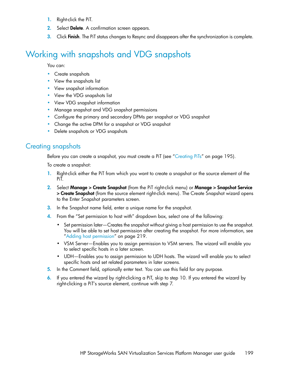 Working with snapshots and vdg snapshots, Creating snapshots | HP SAN Virtualization Services Platform User Manual | Page 199 / 382